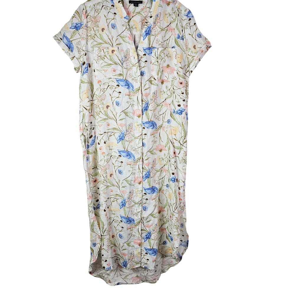 Saks Fifth Avenue Floral 100% Linen Shirt Dress Short Sleeve Midi White Blue M